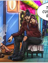 Very dirty comic porn game with poor street whore serving hobo cock
